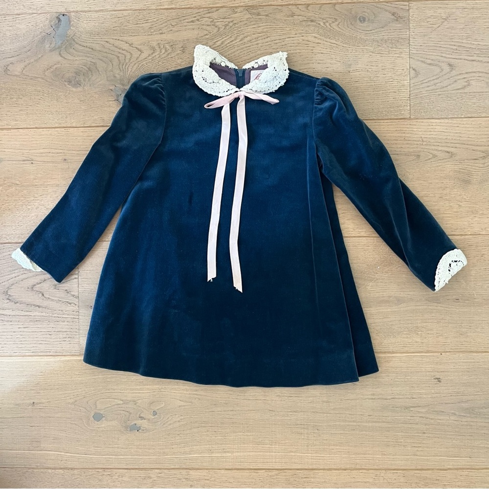 Velvet Dress with Lace Collar and Bow